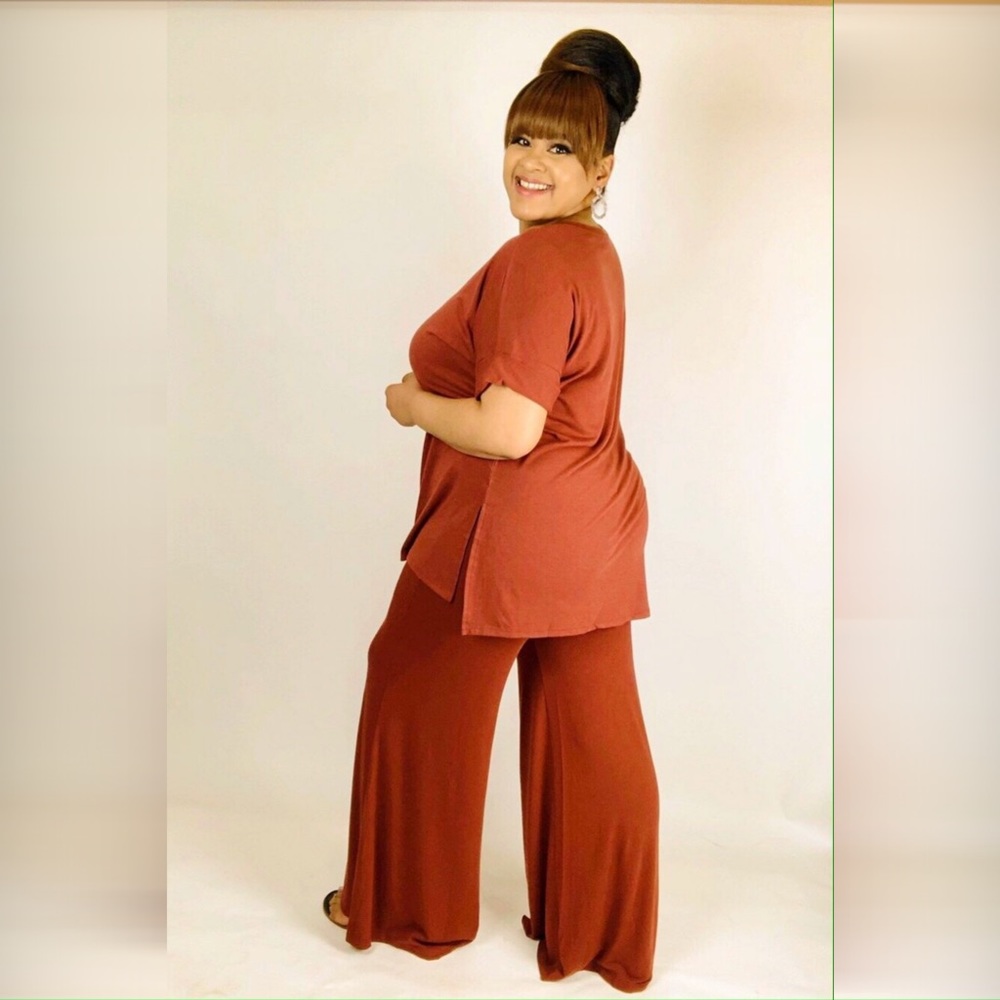 Cuffed Short Sleeve Palazzo Pant Lounge Wear Set